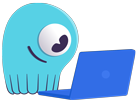 mascot looking at open laptop